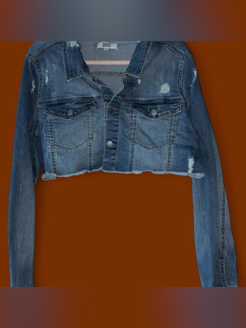 Cropped Distressed Denim Jacket - Blue